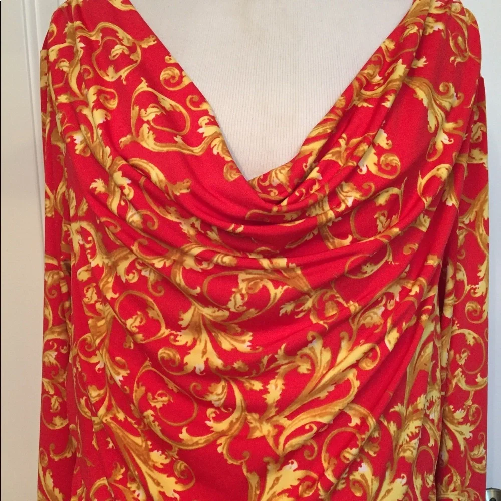 CARMEN MARC VALVO BLOUSE TOP RED GOLD GATHERS STRETCH size XL - Picture 2 of 6